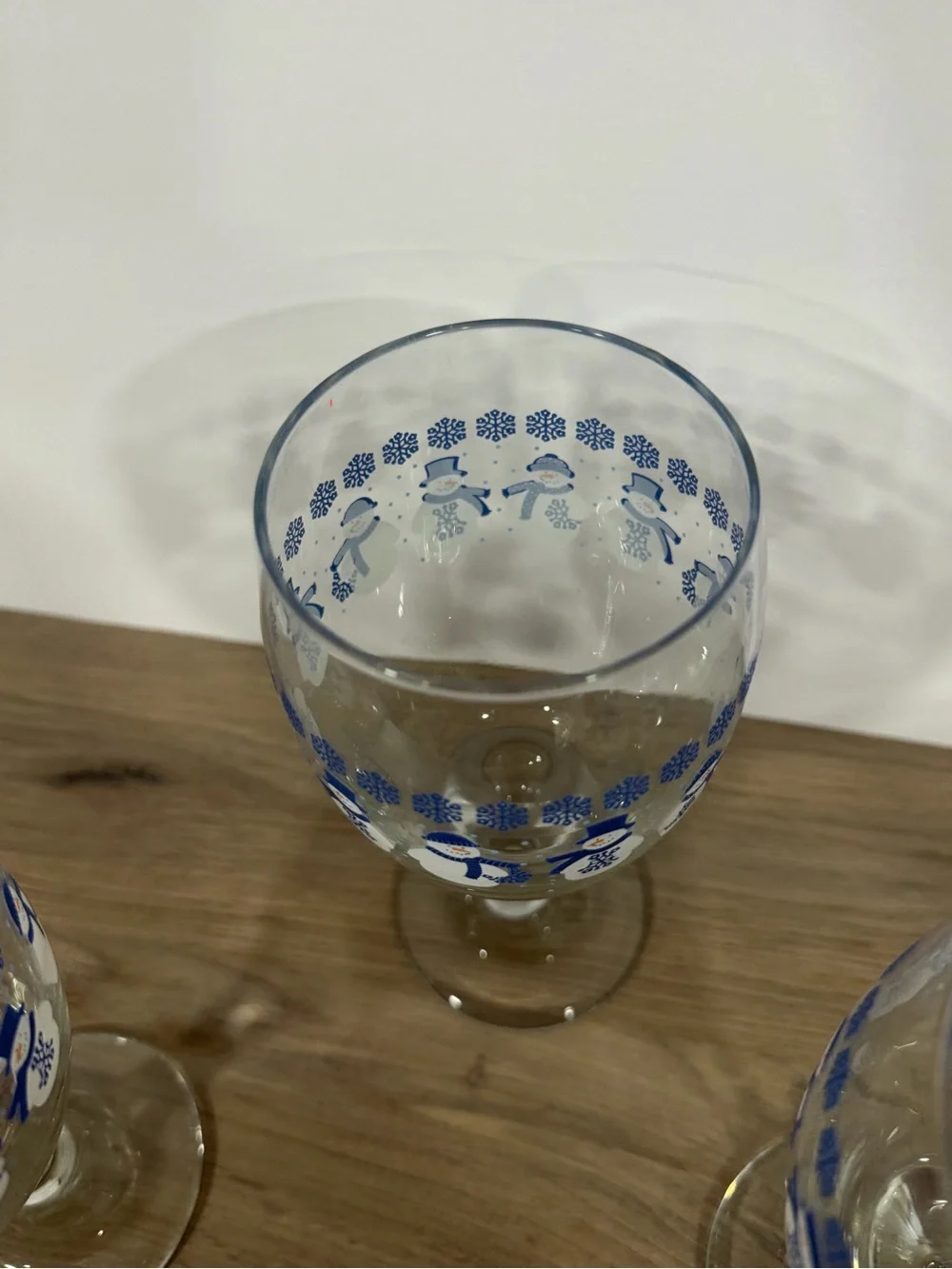 Libbey Blue Snowman Pattern Wine Glasses - Set of 3